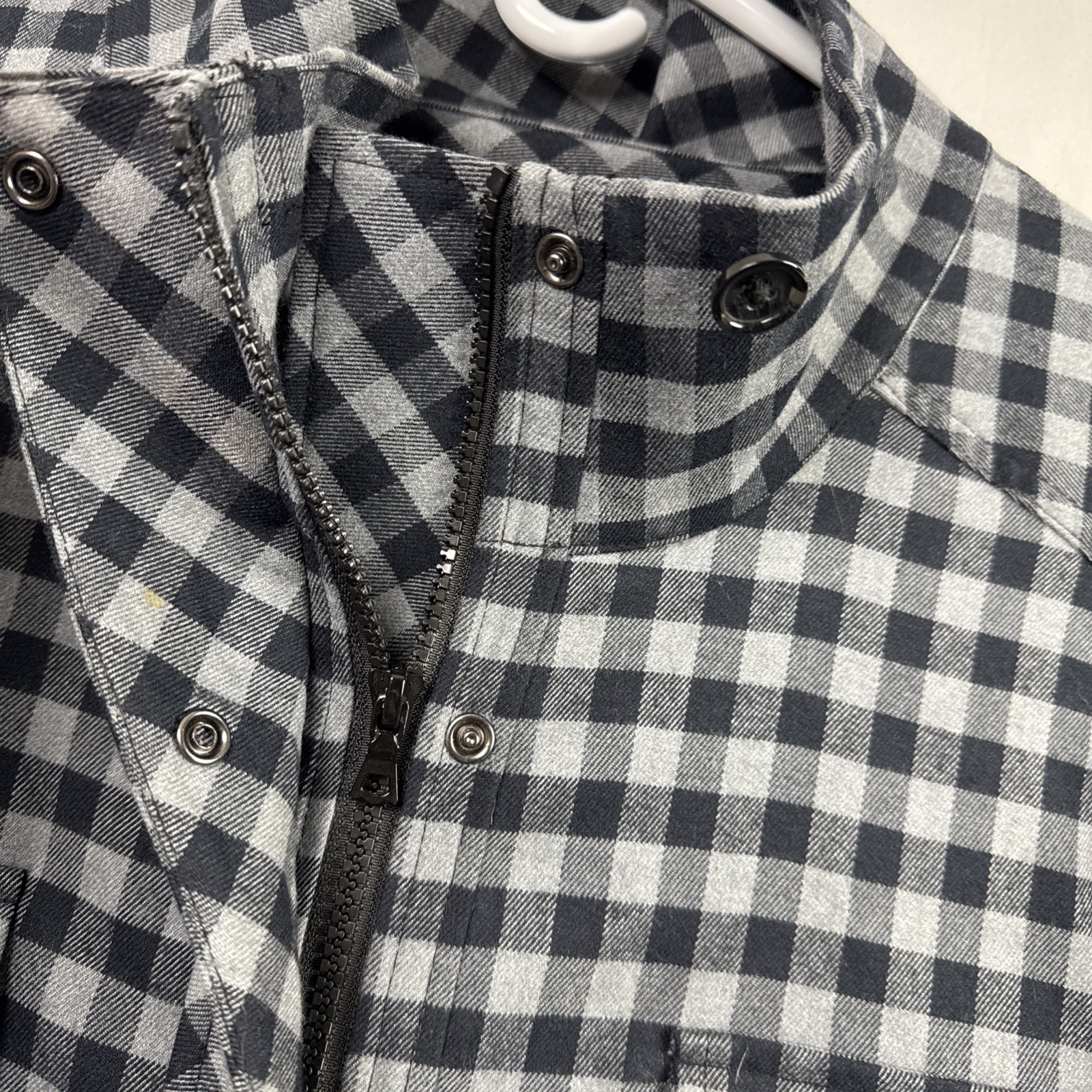 LOGO Lori Goldstein Plaid Jacket Womens 1X Navy Gray Black Mixed Media Snap Zip