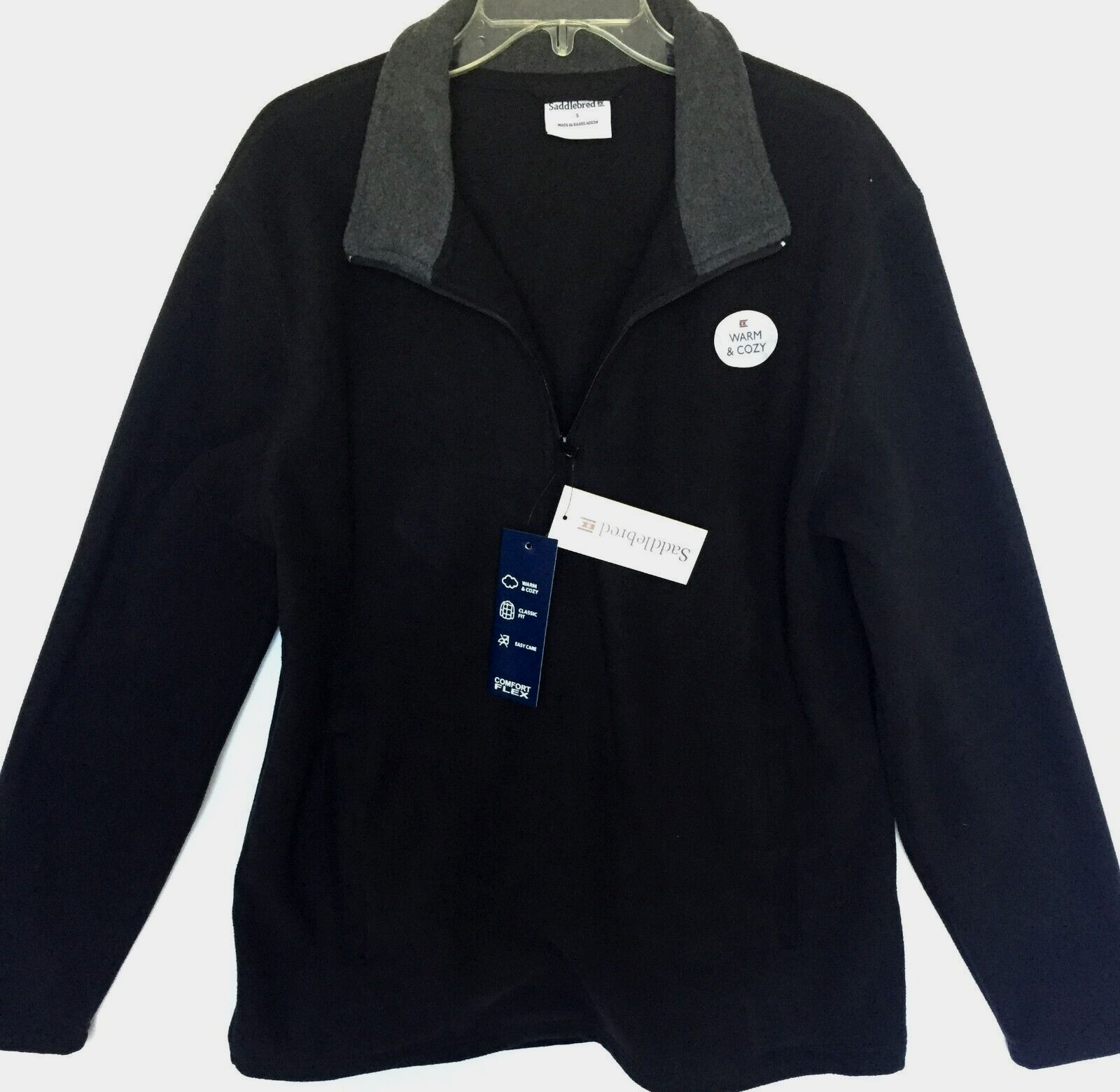 Pullover Fleece Saddlebred Small LS Black Gray Collar Solid Mens NWT New