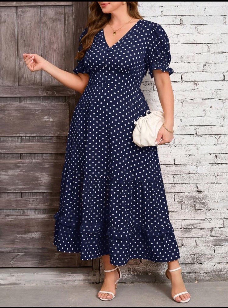 NWT clasi brand Blue White Dot A-Line Dress V-Neck Puff Shortslv Ruffle maxi 3xl