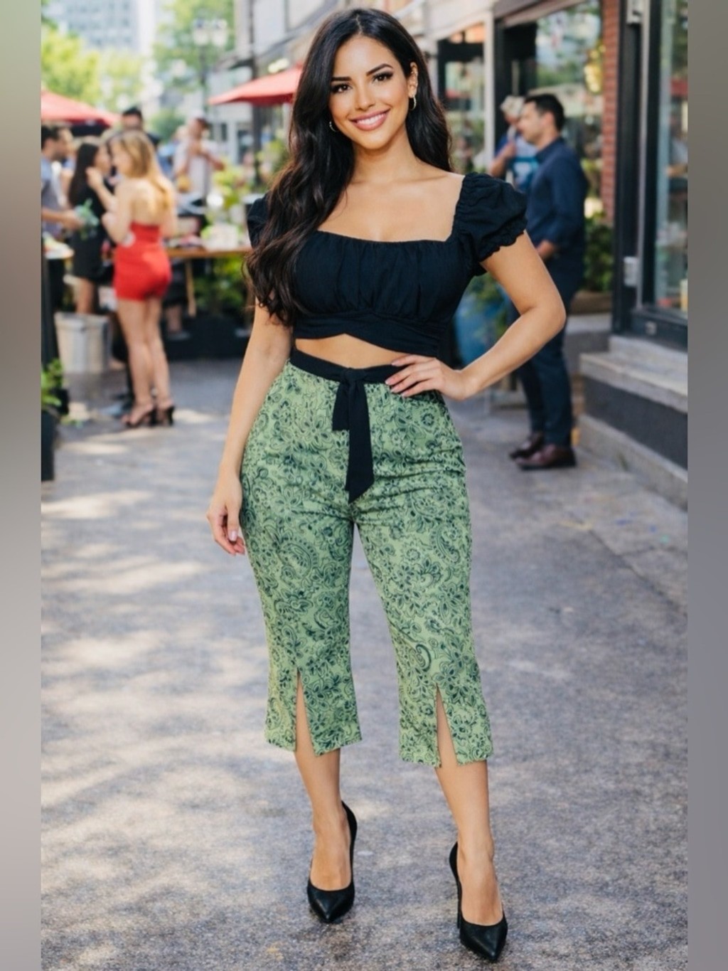NWT Investments SZ S Crop Pants Light Green w/Black Paisley Print/waist 26”-30”