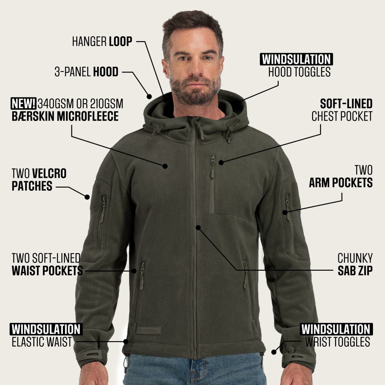 BAERSkin Tactical Hoodie Jacket Men 5.0 Military Style Fleece Hunter Green sz L
