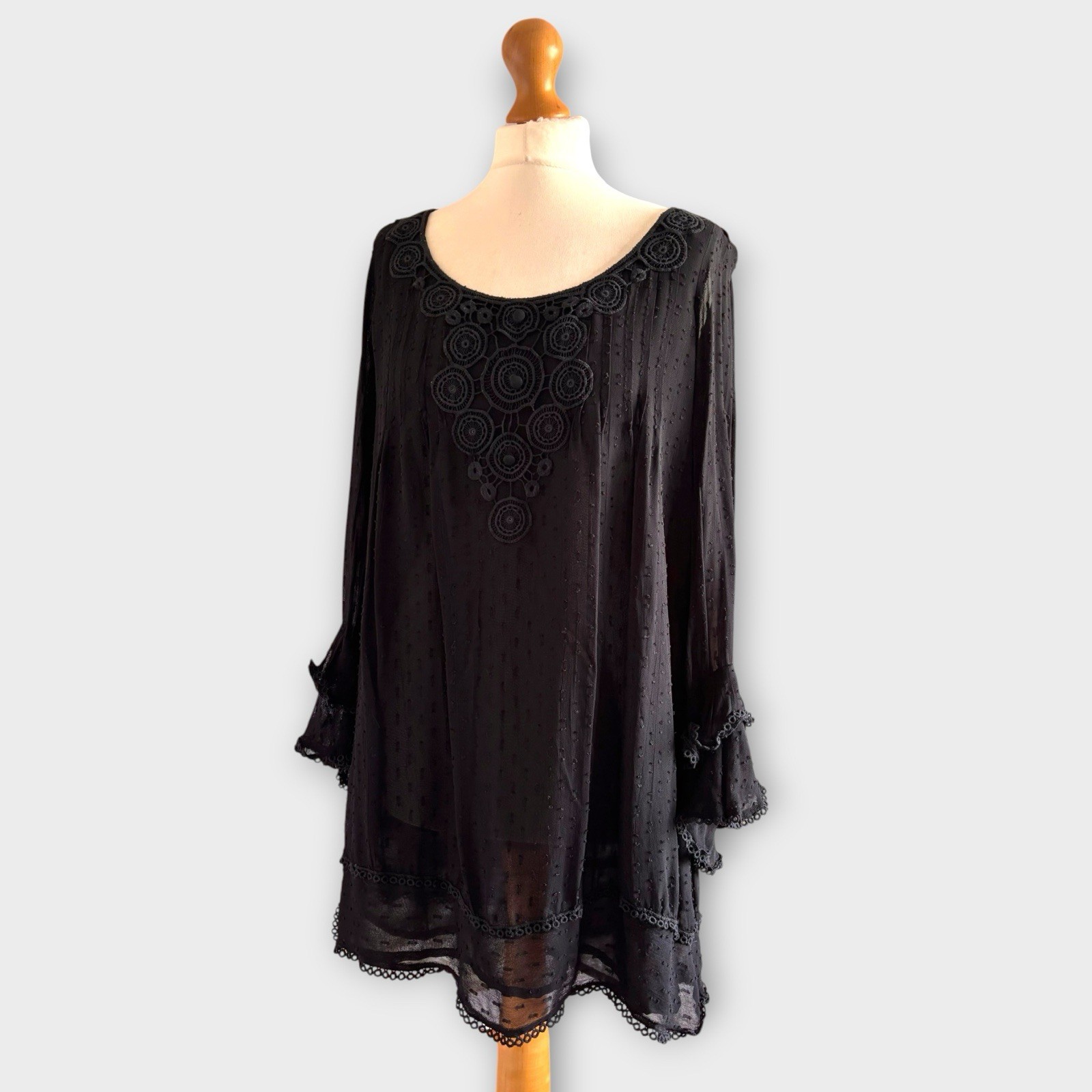 Next Black Tunic Blouse Top 12 Embroidered Lace Long Sleeve Boho Summer Casual