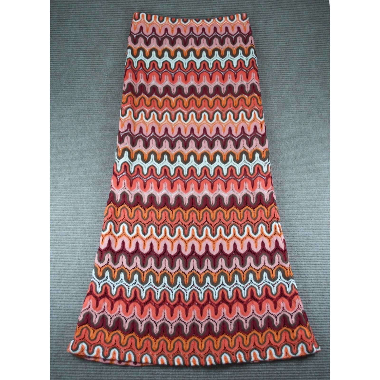 Karen Kane Crochet Knit Chevron Maxi Skirt Boho Pink Orange Zig Zag Lined Size S
