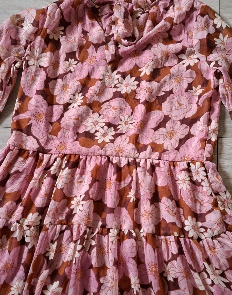 Brown & Pink Floral Flared Smock Dress Tiered Frill Party Sheer Boho Retro UK14