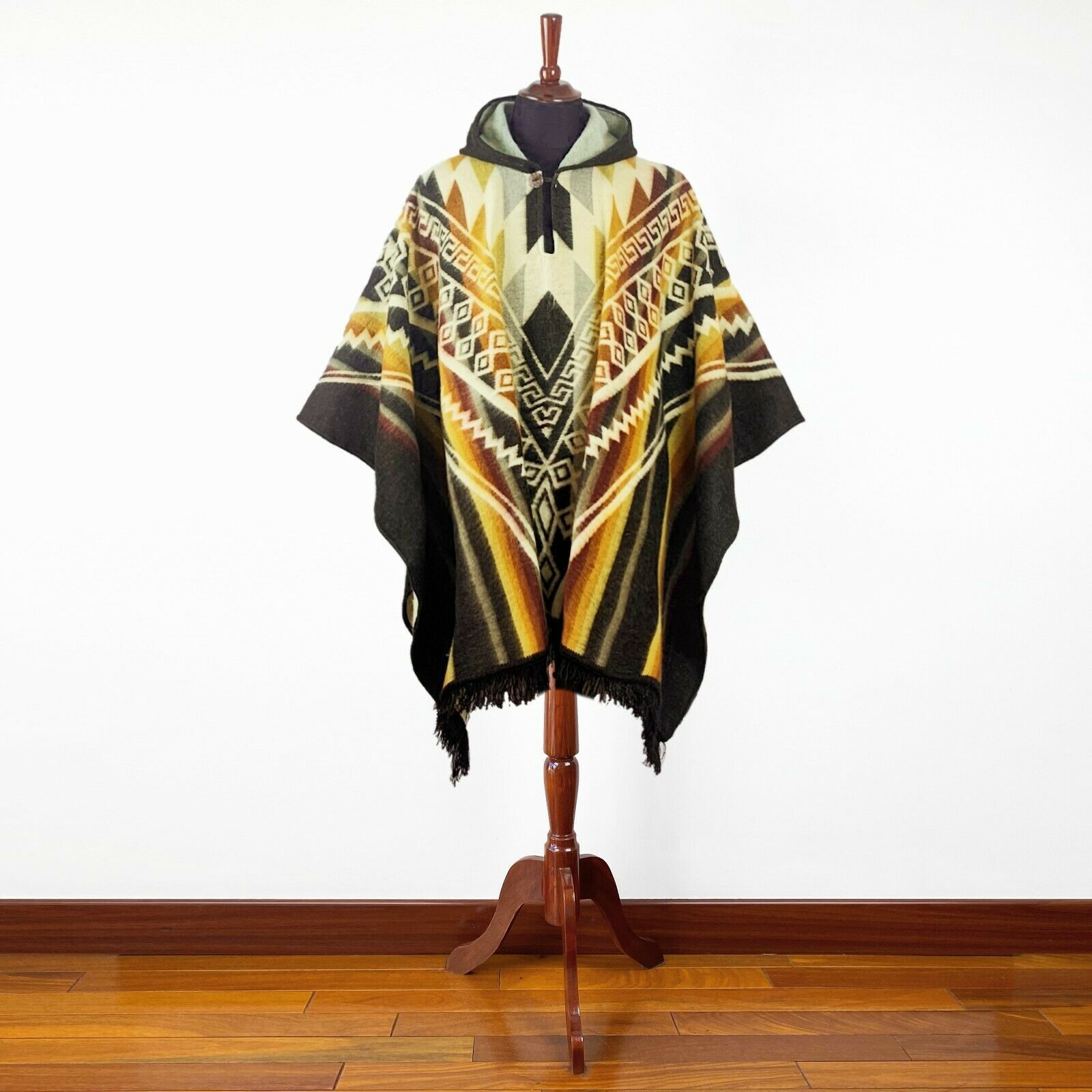 Alpaca wool Hooded Poncho Unisex Aztec pattern all seasons boho hippie XXL BROWN