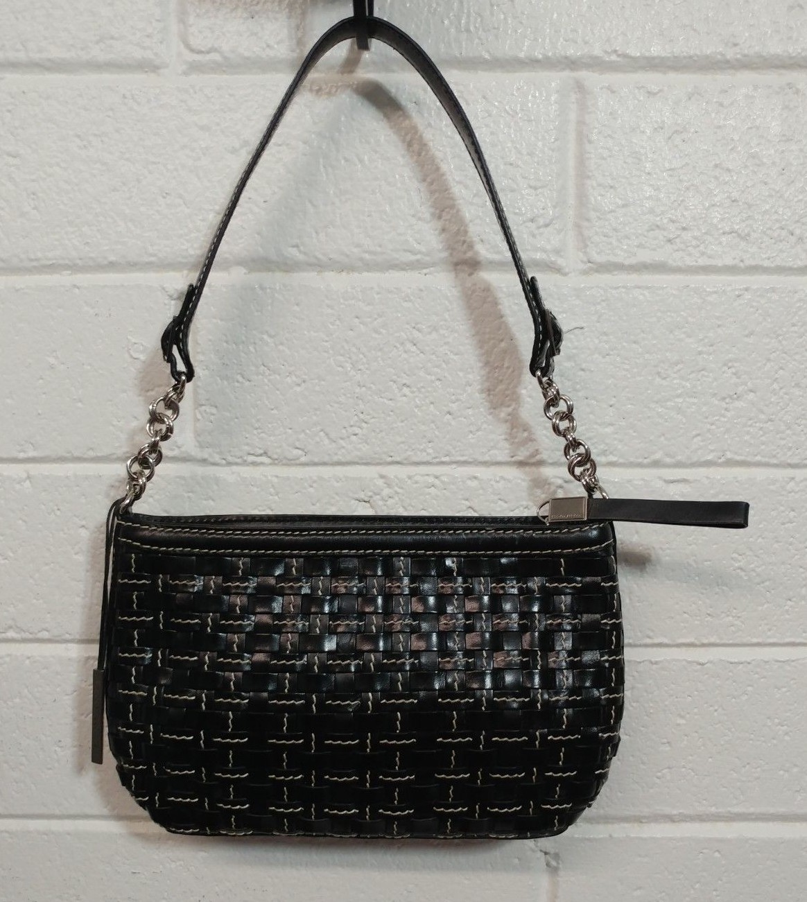 ELLIOTT LUCCA Woven BLACK LEATHER WHITE THREADED PURSE SHOULDER BAG Handbag