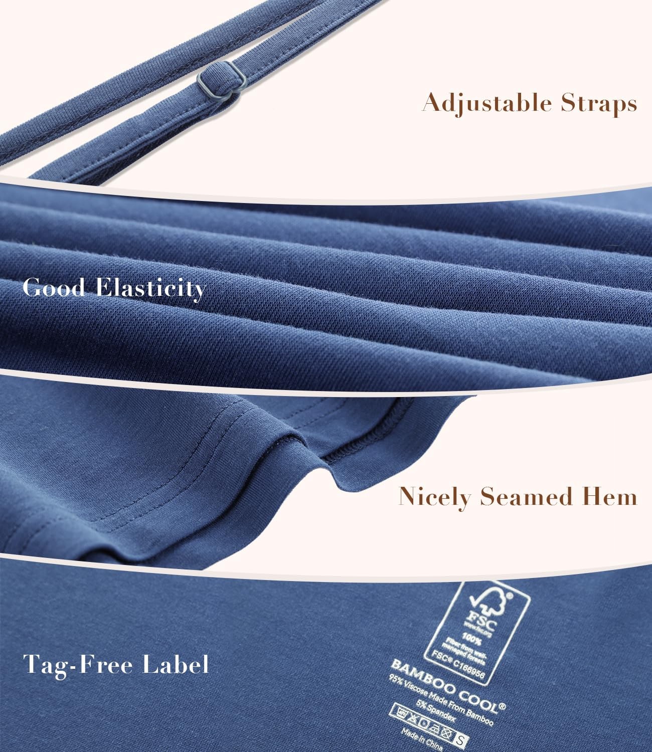 Bamboo Cool Womens Adjustable Spaghetti Strap Nightgown Sleep Shirt (M)