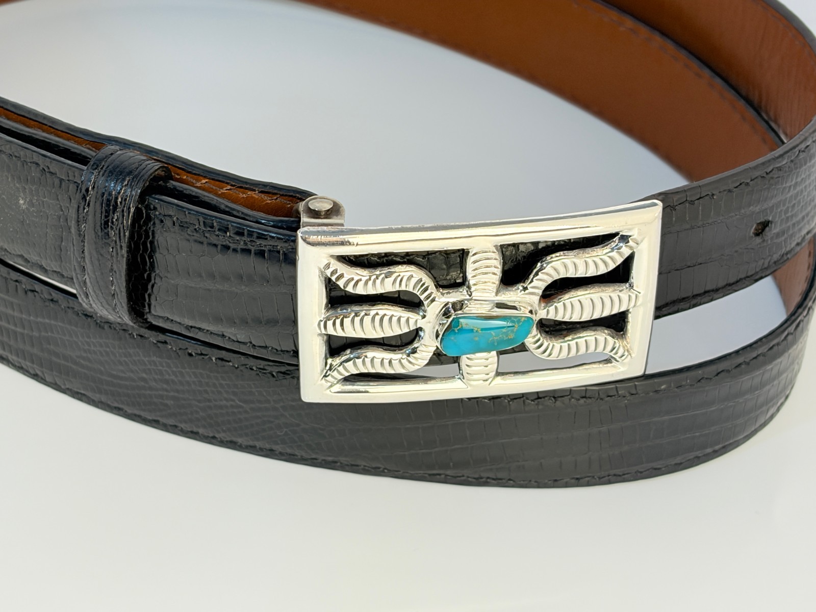 Vintage Sandcast Sterling Silver .925 Turquoise Belt Buckle 38 Genuine Lizard
