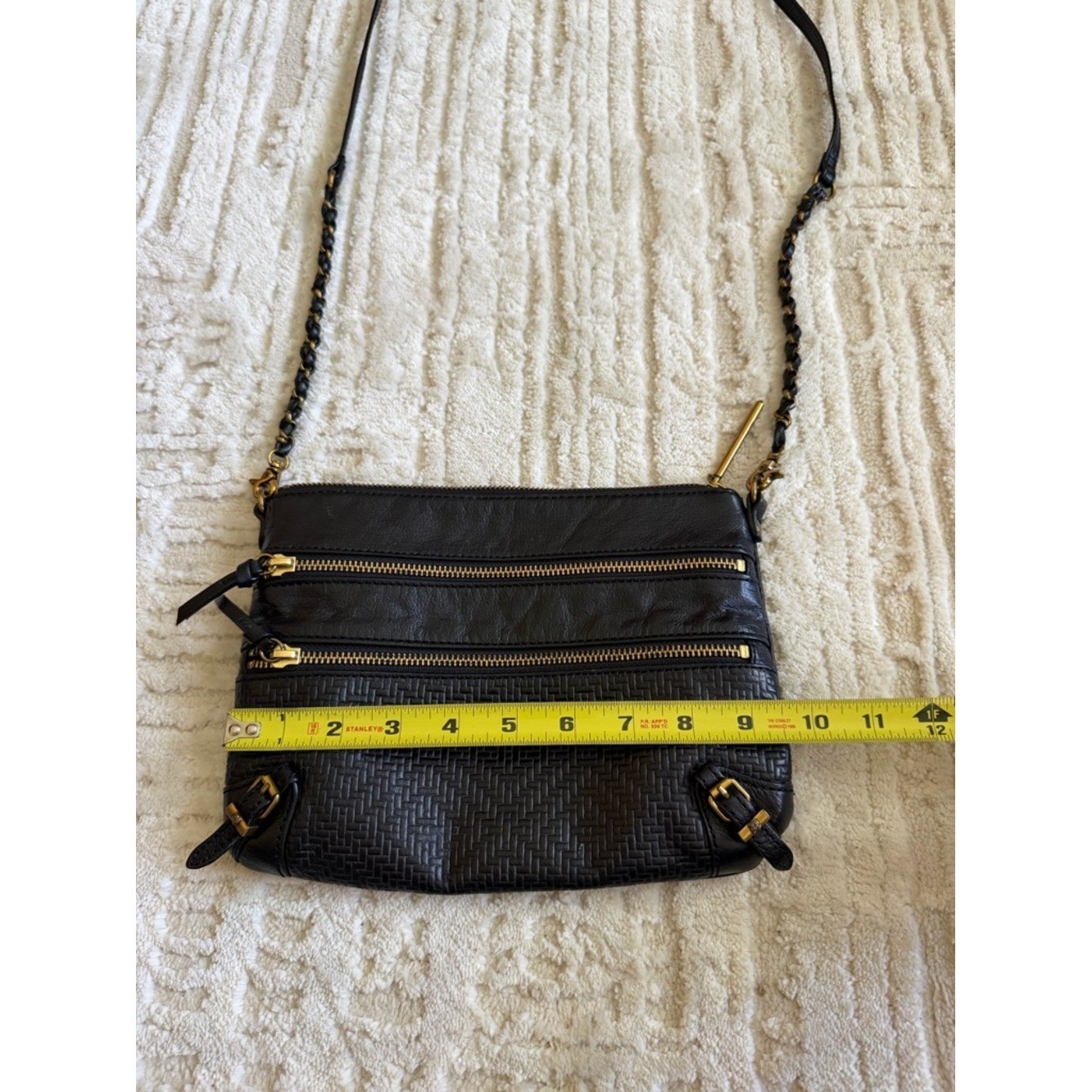 Elliott Lucca Black Leather Crossbody Bag Woven Texture Gold Hardware Multi Zip
