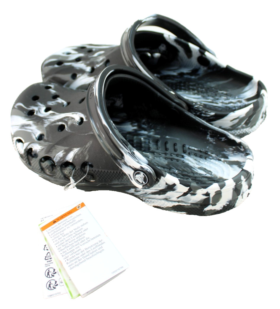 CROCS Baya Men’s 10 Black / White Marbled Croslite Foam Slide Sandals RETAIL $55
