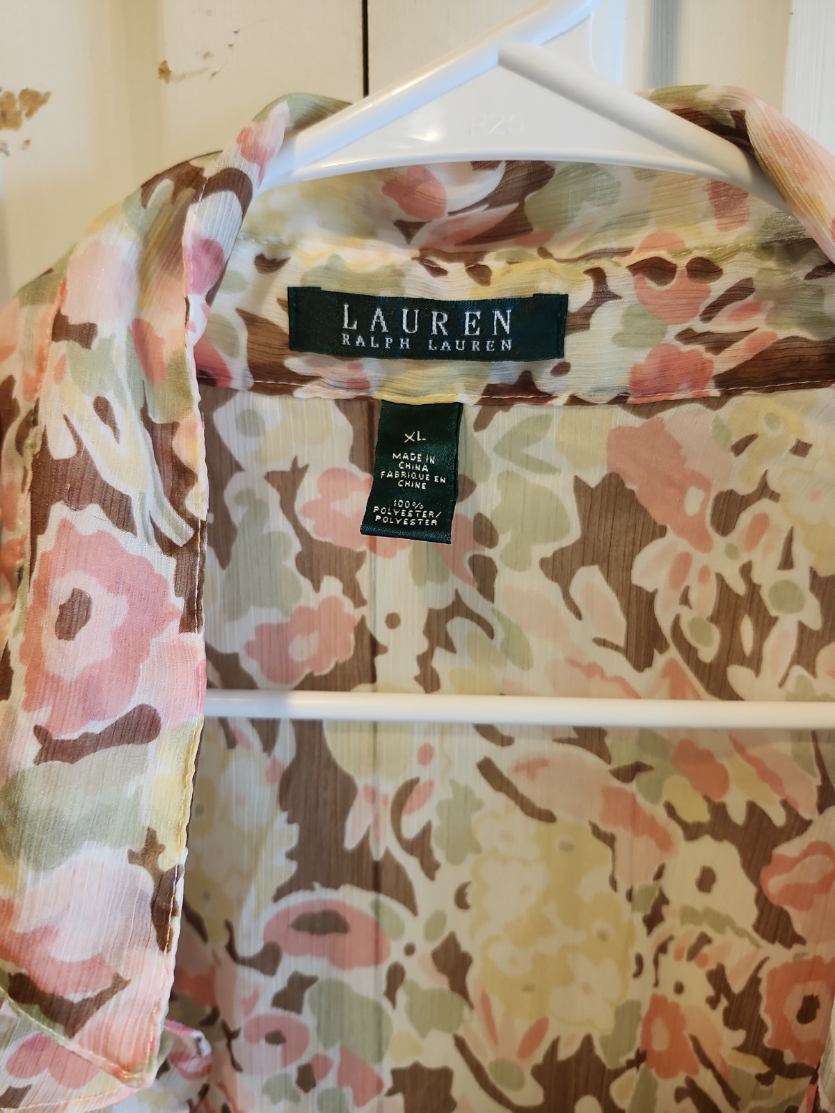 Ralph Lauren Semi Sheer Ruffle Front Blouse Top Sz XL Ivory Pink Blue Floral Pat