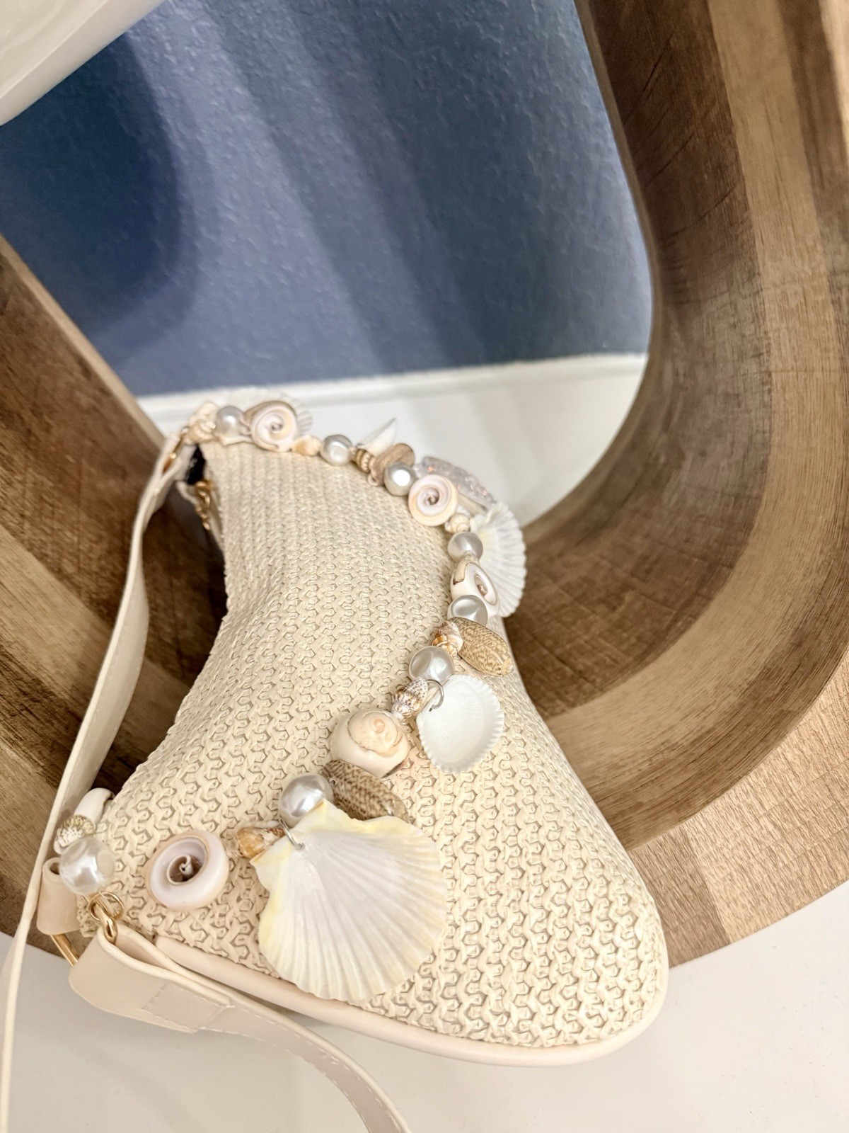 Woven Straw Inspired Crescent Shoulder Bag with Shell Pearl Starfish Accents