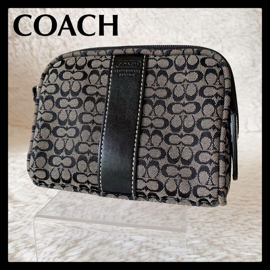 Coach Black Signature Canvas Leather Cosmetic Pouch Zipper 5.1in Auth