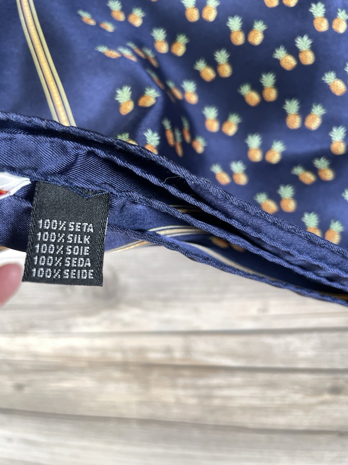 Vtg Dole Pineapple Silk Scarf Navy Blue Tropical Pineapples Square 34×35″ Italy