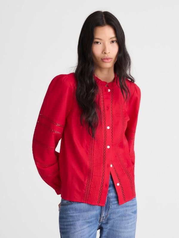 NWT Madewell Lace-Insert High-Neck Pintuck Top