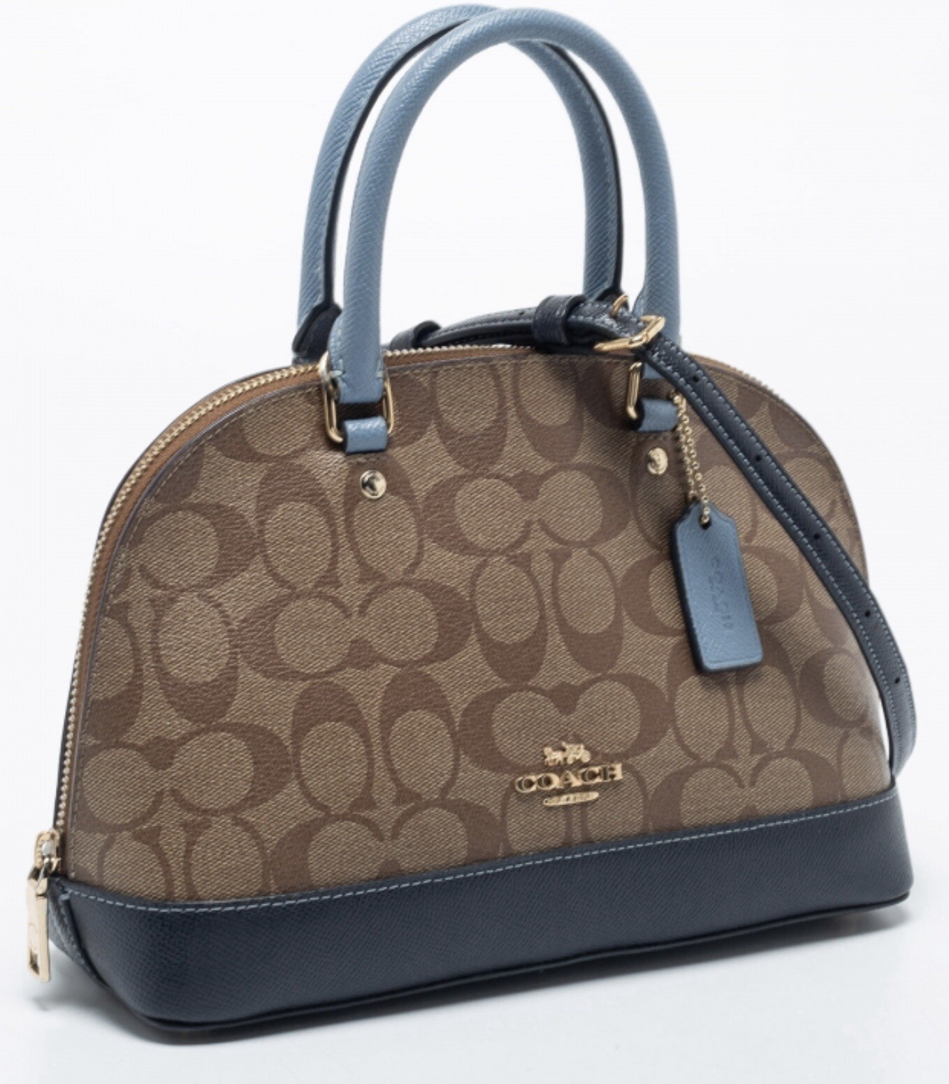 COACH Mini Sierra Satchel Logo Khaki /Midnight Pool / Brown Leather Bag $295 NEW
