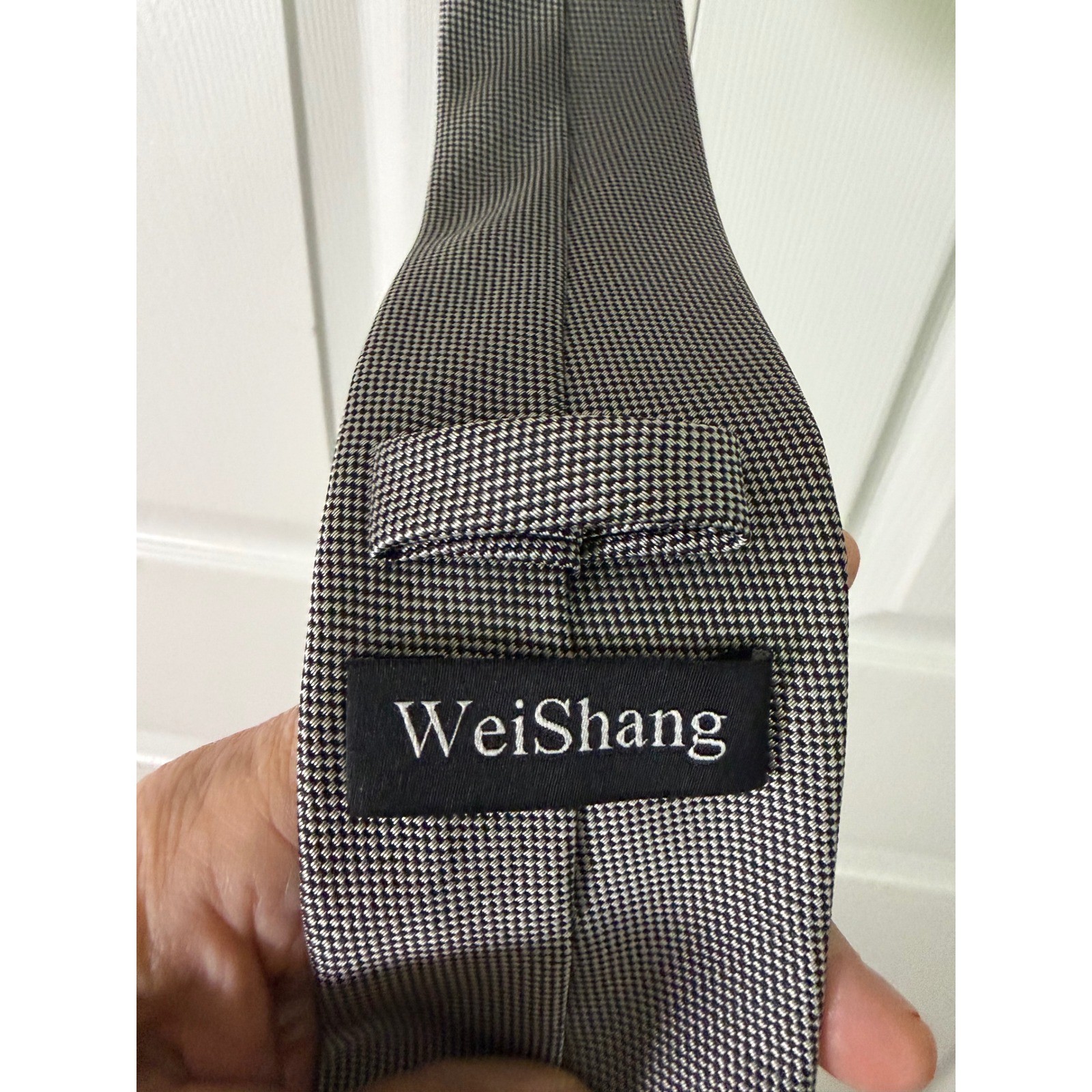 WeiShang Mens Black White Houndstooth Micro Check 100% Silk Handmade Necktie