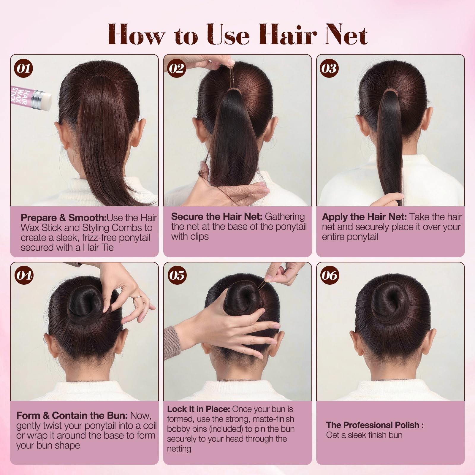 Hair Bun Maker Set – Donut Bun Tool, Bobby Pins, Hair Wax Stick & Net – Tan Brow