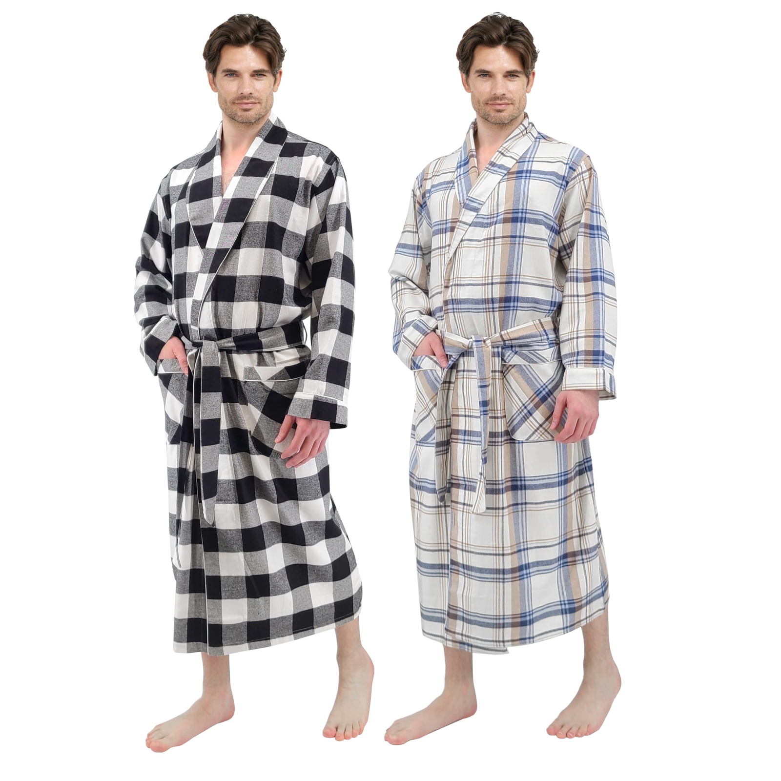 Mens 2 Pack Long 55% Cotton Flannel Brush Warm Robe 4XL/ 5XL Big Assorted Plaids