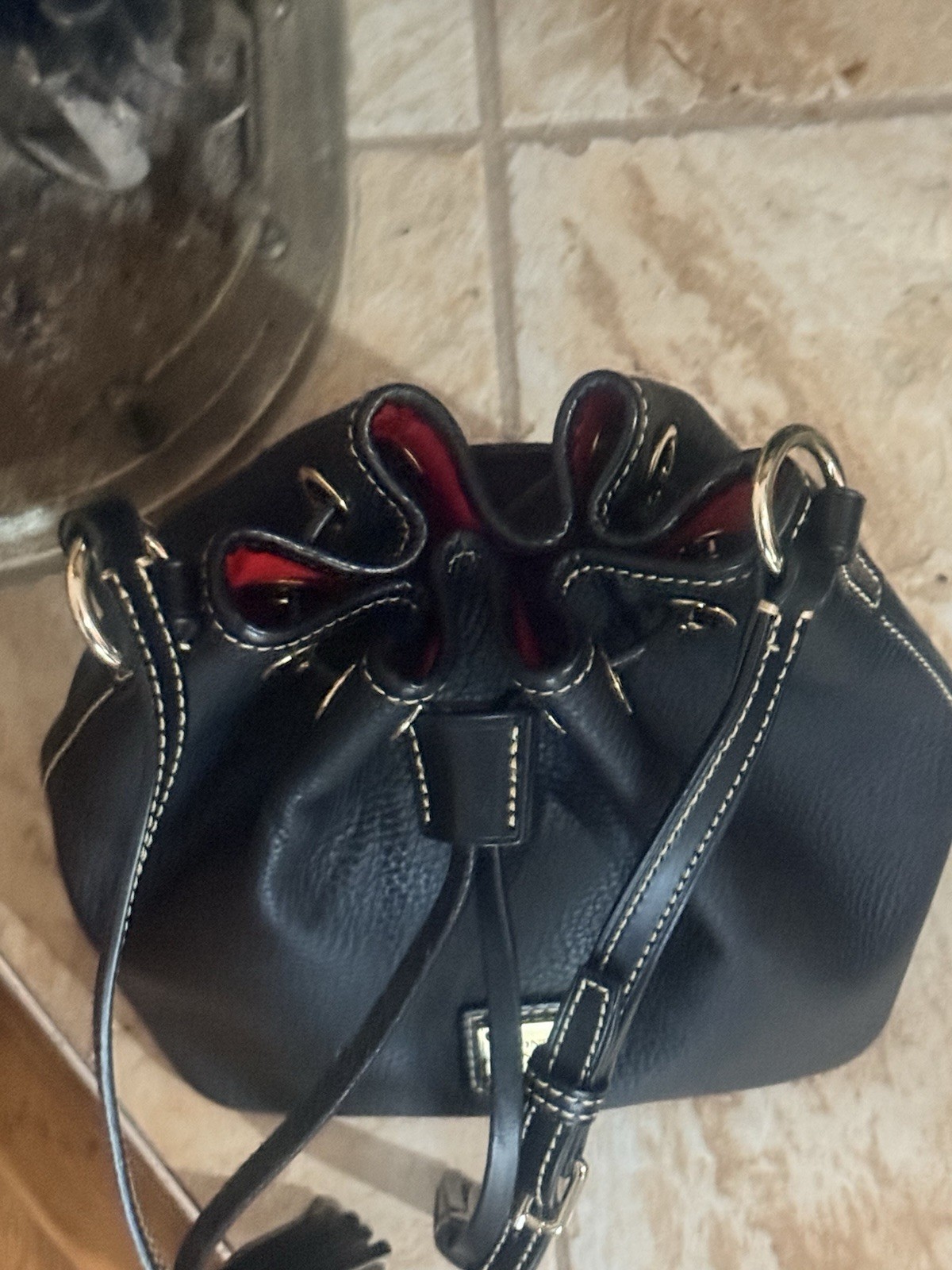 Dooney & Bourke Black Pebbled Drawstring Bucket Bag Tassel, Adjustable Strap