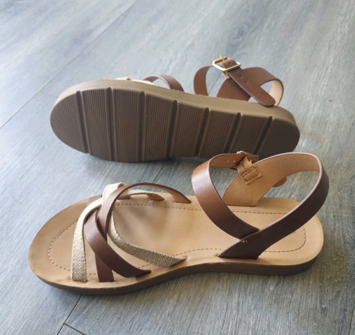 Solanz Brown/Beige Synthetic Strappy Ankle Strap Sandals Women’s 7 M/38
