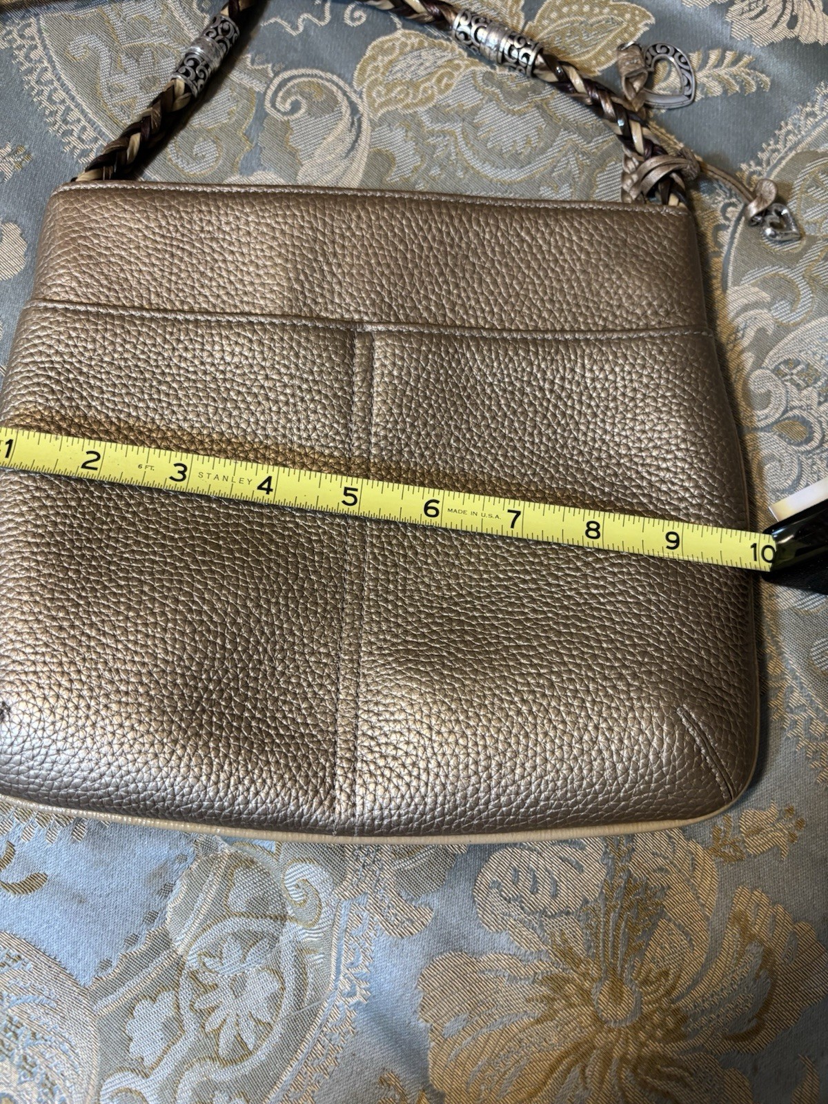 Brighton Gold Pebbled Shoulder Bag Braided Strap Heart Charm Zip Pockets