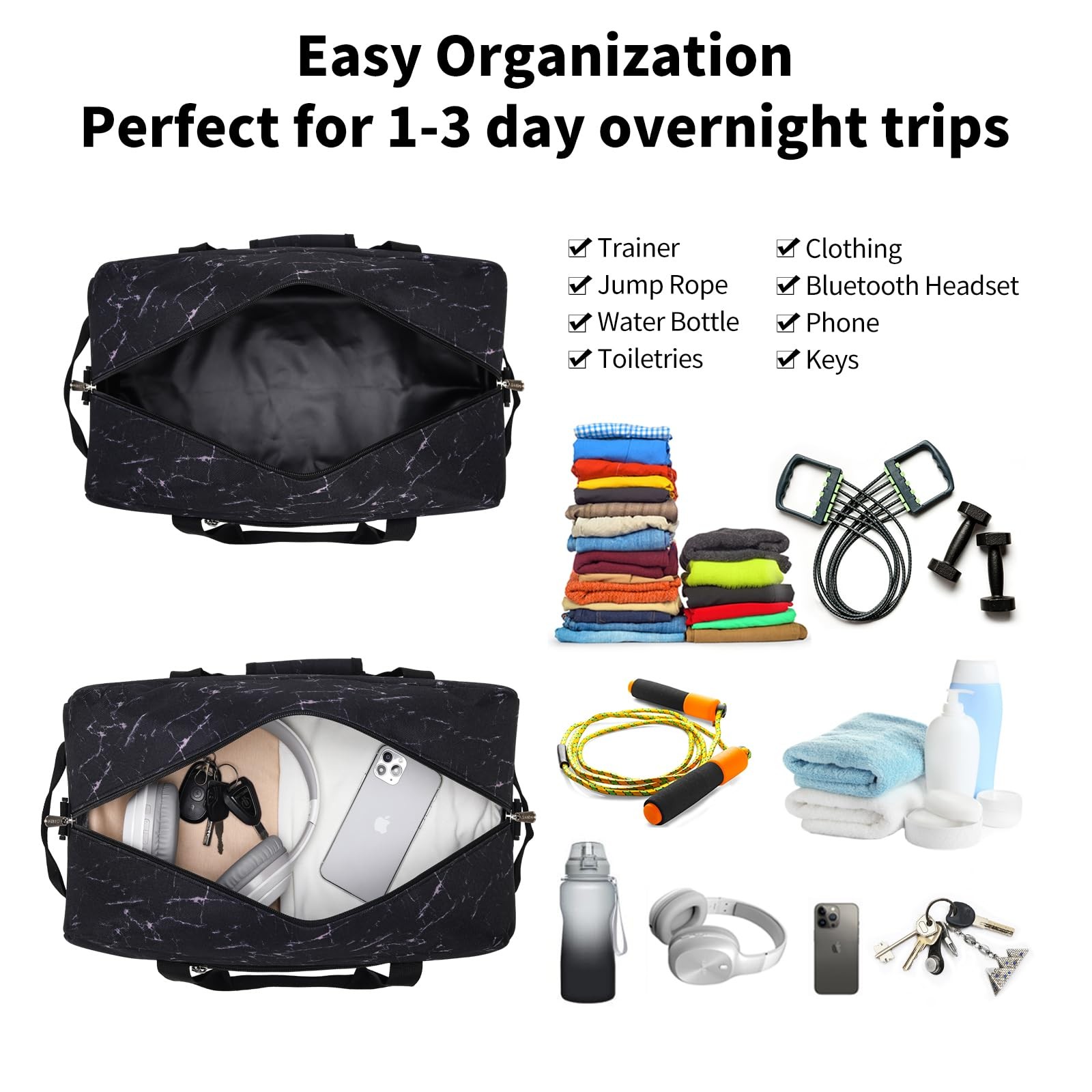 Small Gym Bag 18 inch Carry On Duffel Bag for Weekender Travel – Marble Black