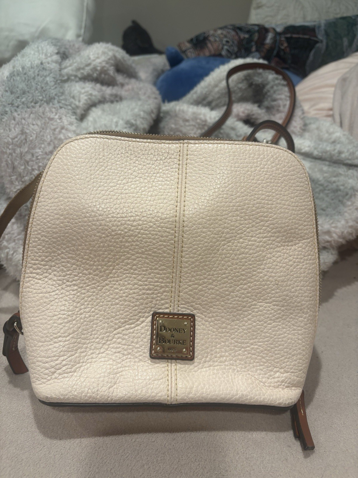 Dooney & Bourke Pebbled Beige Crossbody Bag Zip, Brown Strap, Red Lining