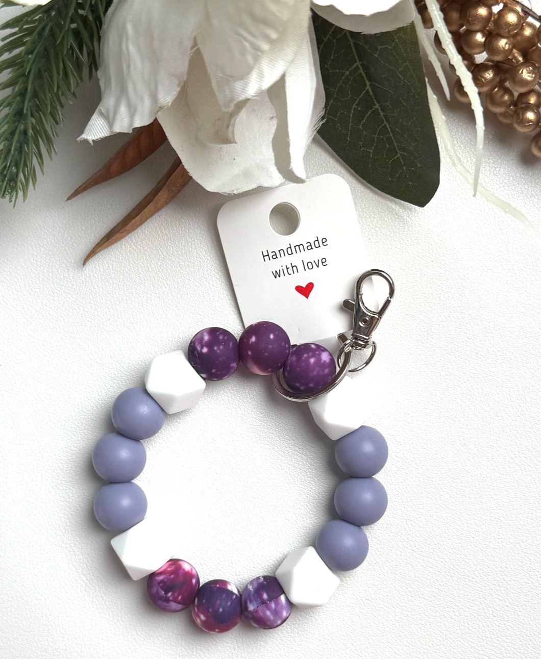 Silicone Beaded Keychain Wristlet Bracelet Purple Haze