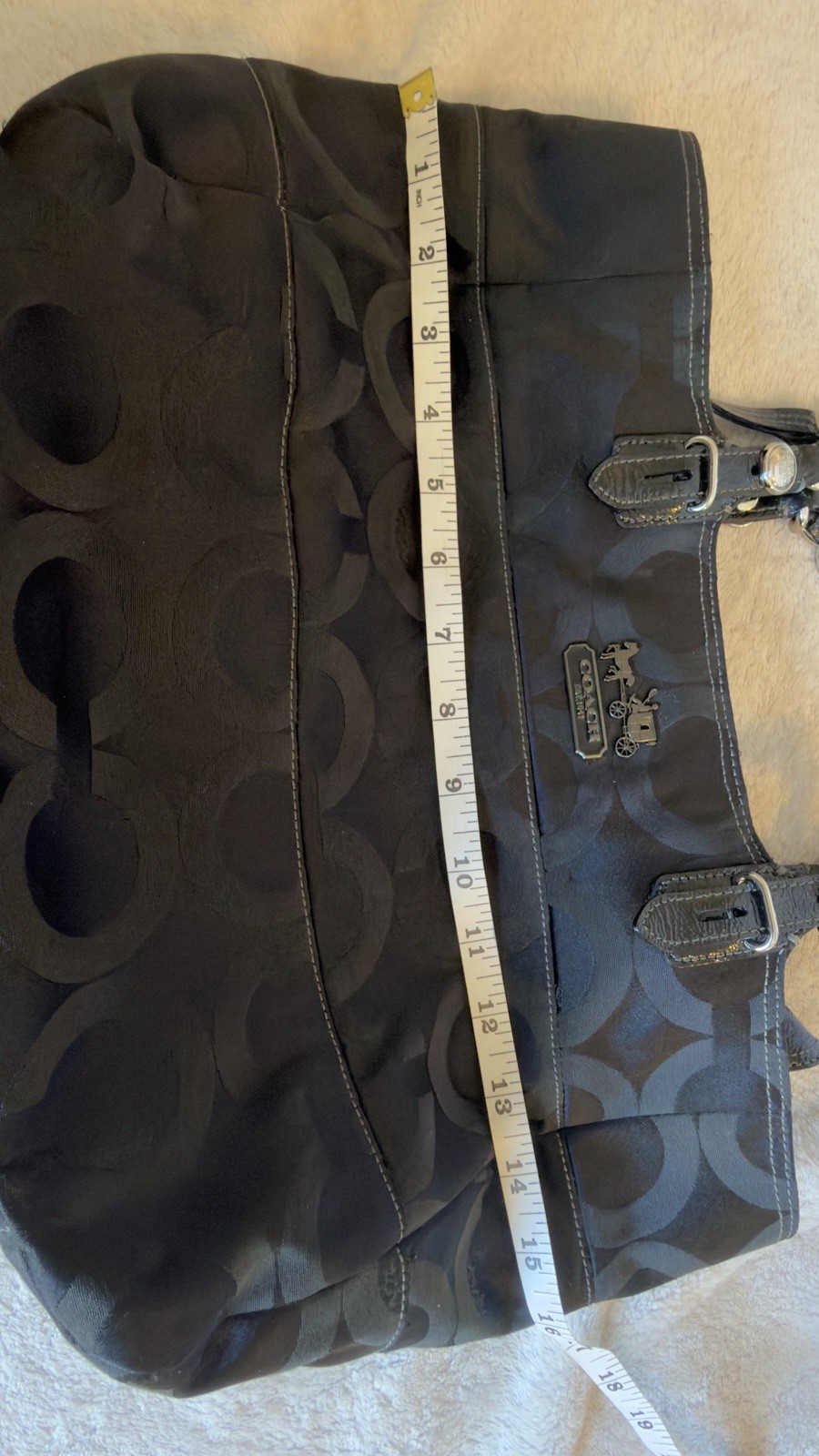 Coach Madison Signature Logo Tote Bag Black Zip Closure Silver Chain Straps
