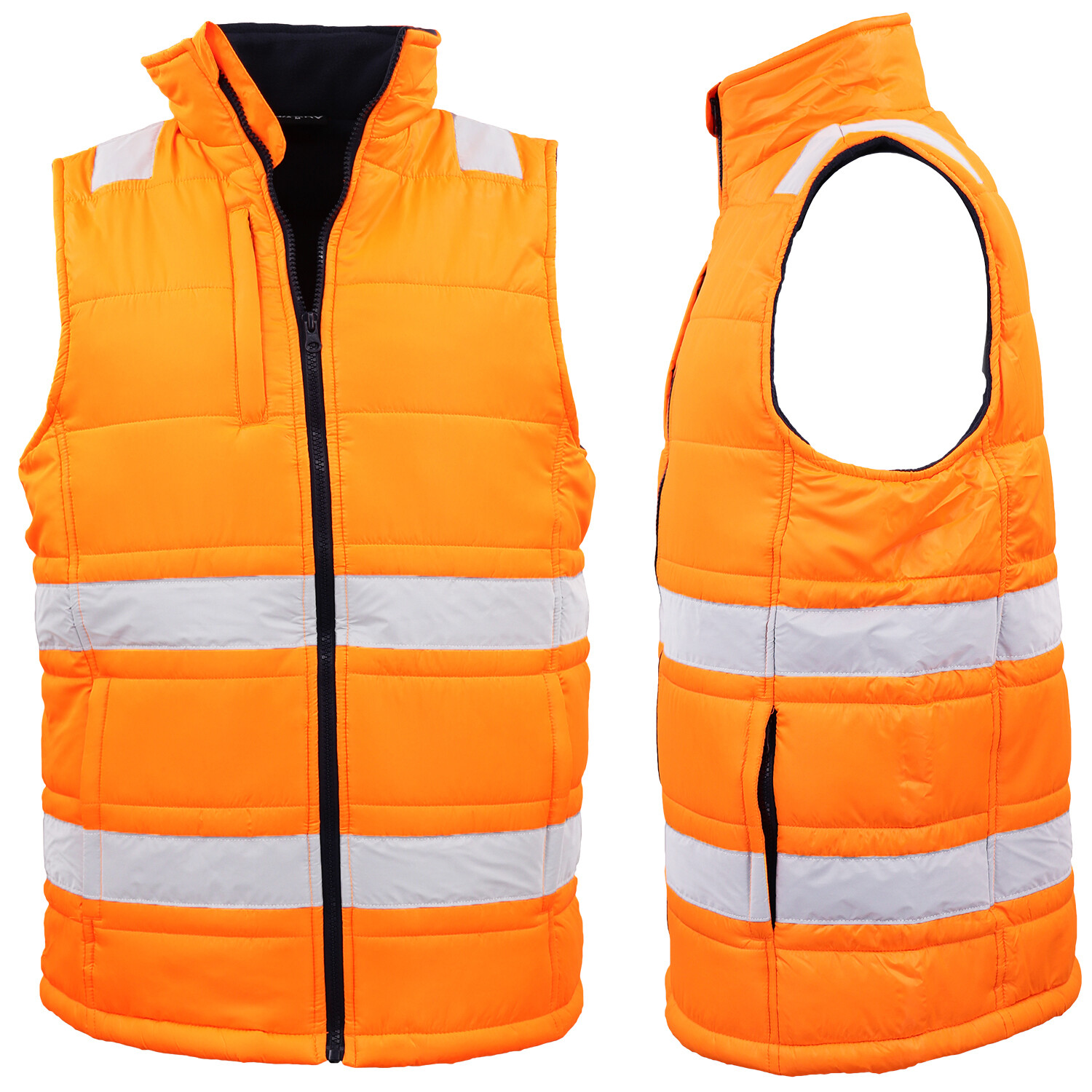 Hi Vis Puffer Workwear Vest Zip Up w Reflective Tape Quilted Puffy Tradie Jacket