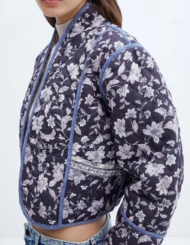 Reversible Quilted Jacket Cropped Sz MED* Navy Blue Floral Ivory/Pink