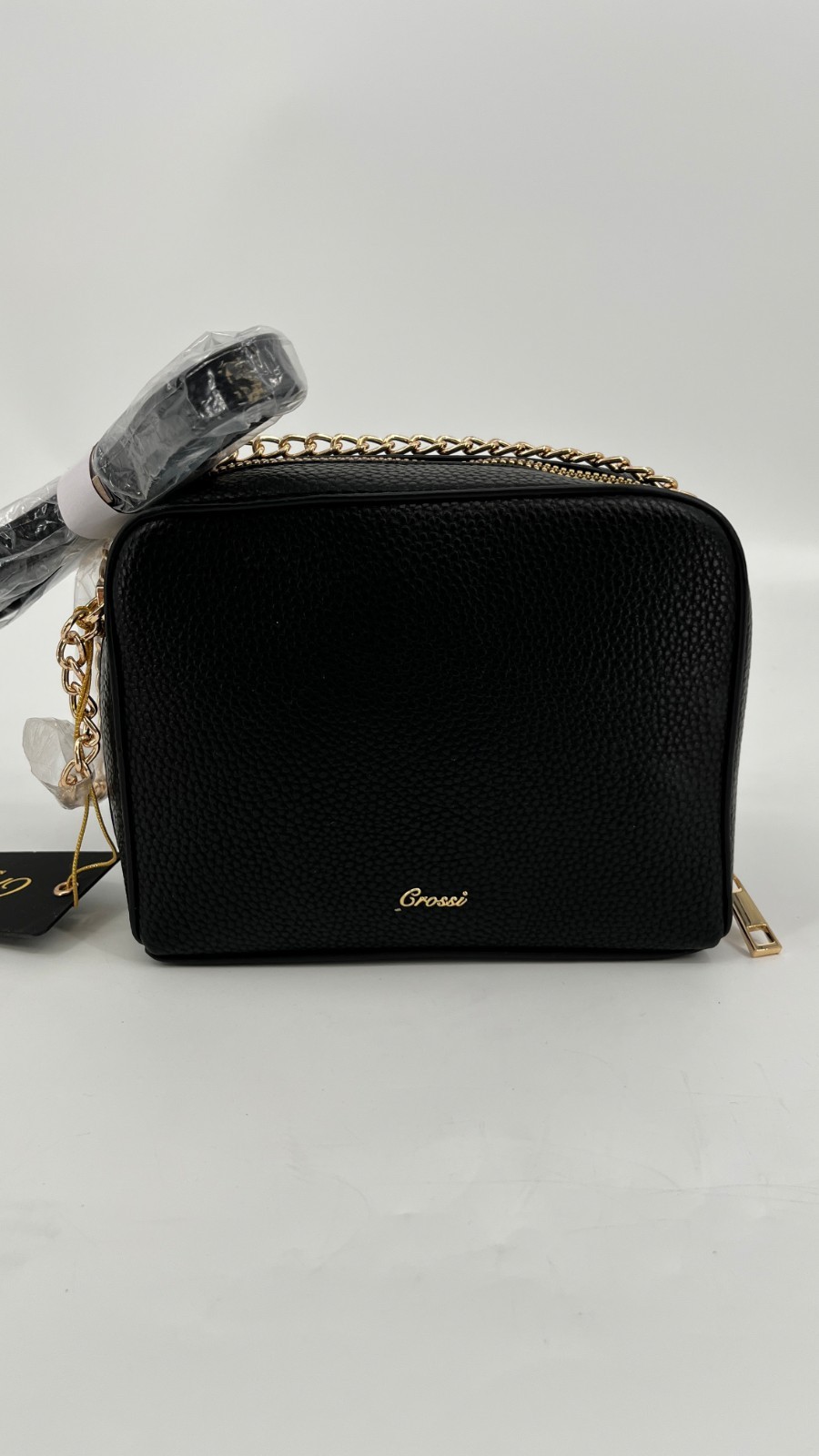 Crossi Chloe Bow Crossbody Black Faux Leather Zip Closure Chain Strap Logo