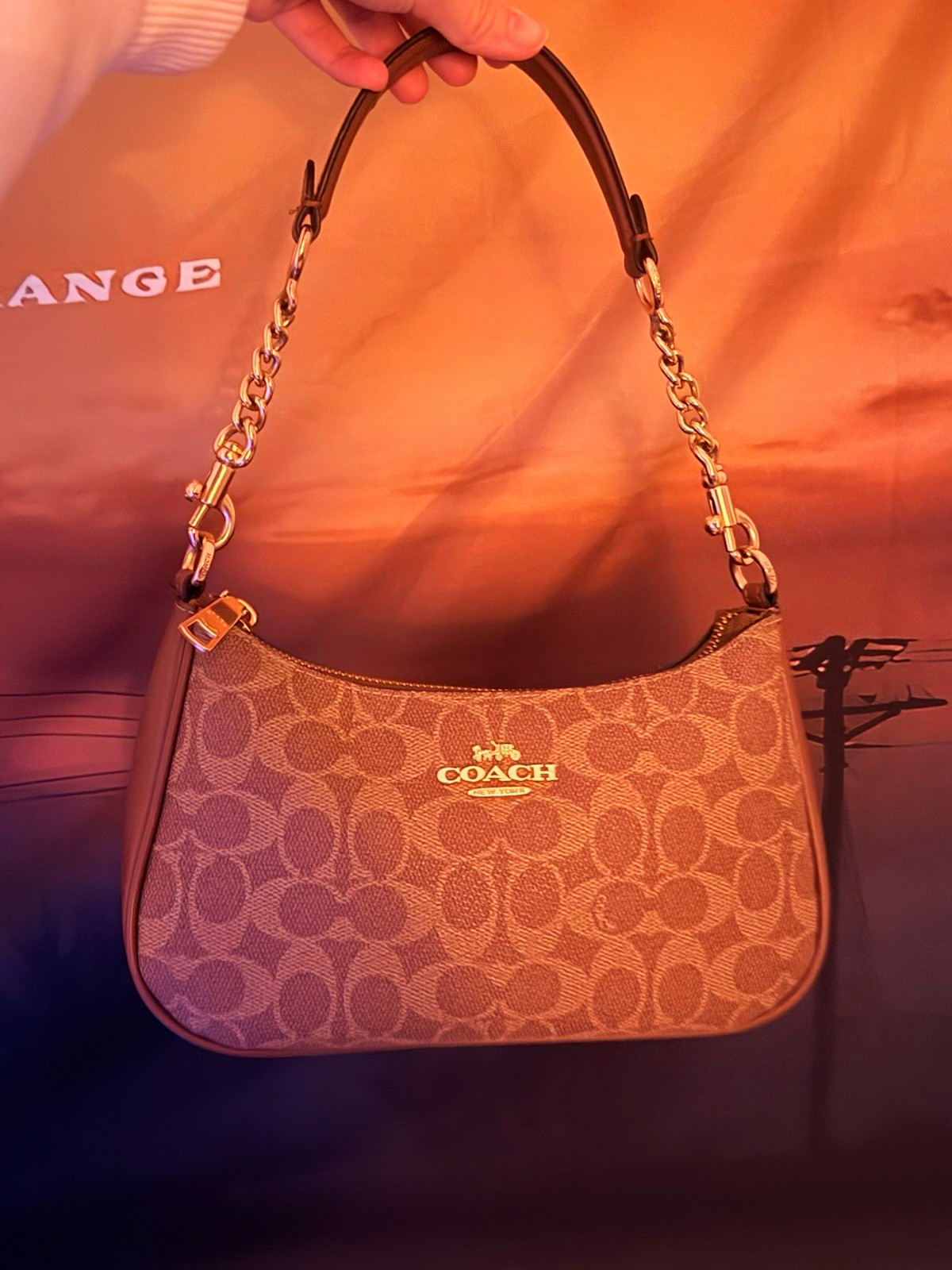 Limited Edition Coach Signature Teri Shoulder Bag Brown Tan Zip Gold Chain Strap