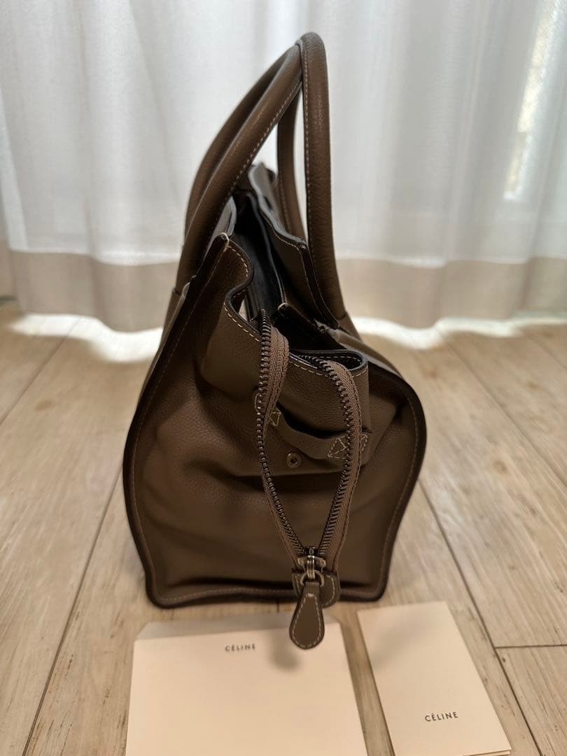 CELINE Nano Luggage Bag Greige Drummed Leather Top Handle Shoulder Tote Bag