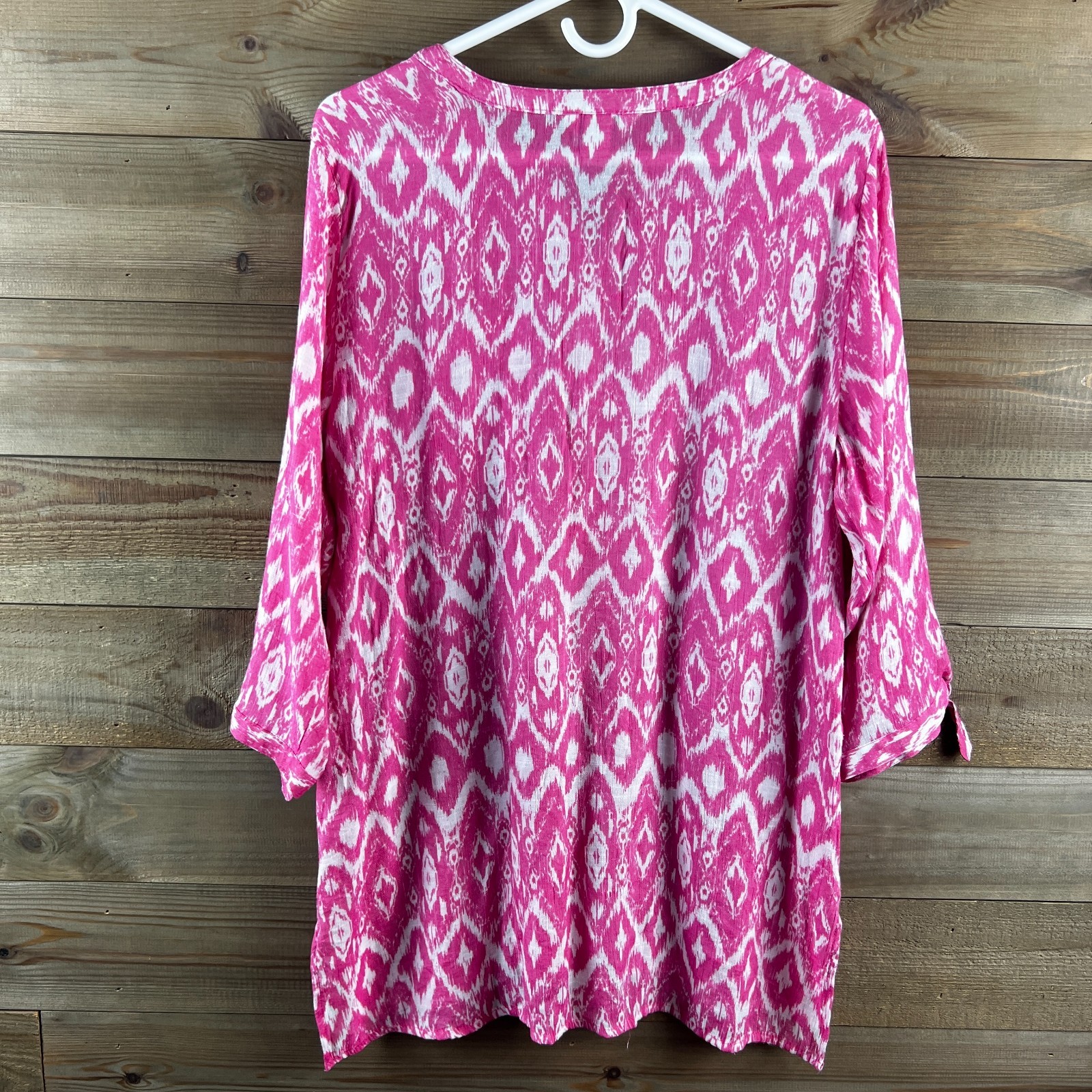 Christopher & Banks Womens Shirt 3/4 Tie Sleeves Ikat Print Henley Neck Large
