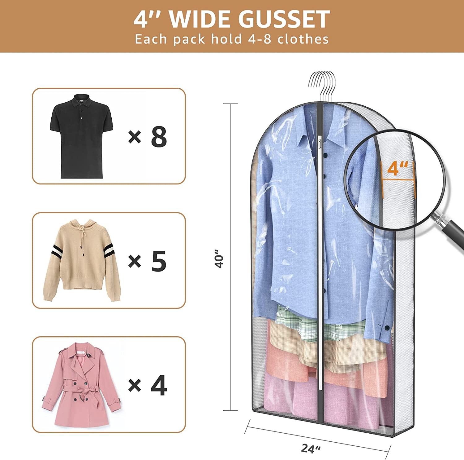 3pcs Garment Bags Clear Zipper Clothes Cover Closet Storage Bag For Coat Jacket