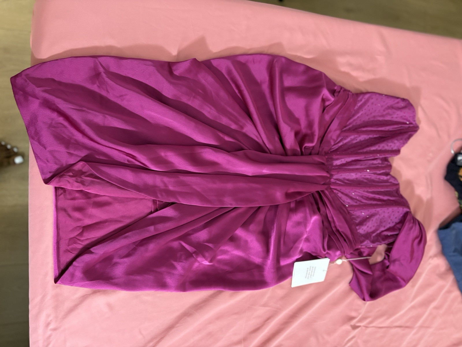 Miss Circle Purple Satin Ruched Off-Shoulder Beaded Corset Midi Dress L
