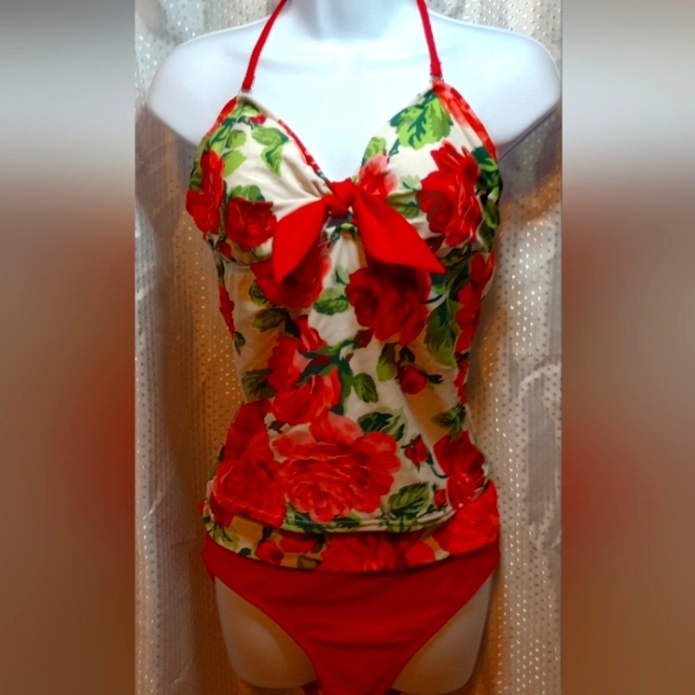 Isaac Mitzrahi 2 Piece Swimwear, Tankini and Bottoms, Floral, Red Swimsuit large
