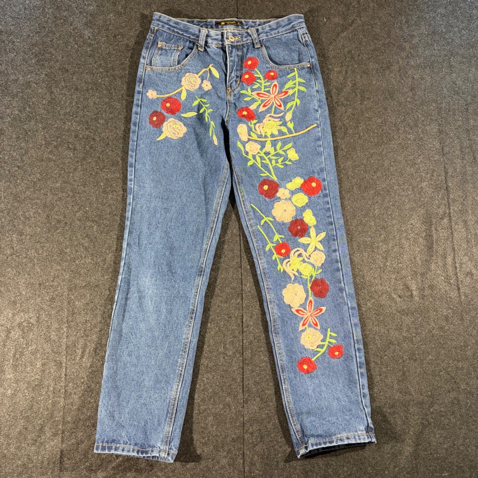 Nymph Jeans Womens Large Blue Floral Embroidered Straight Leg Denim Boho Artsy