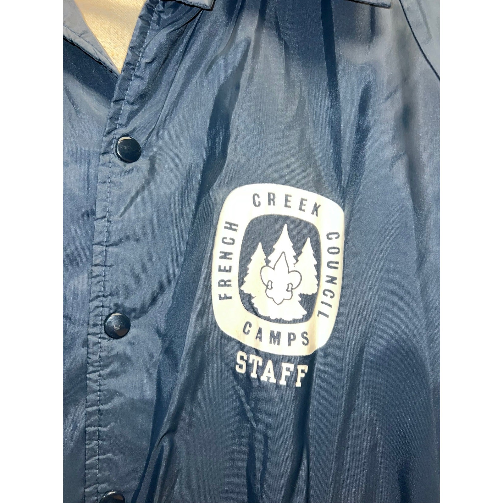 Vintage Sports Master Bomber Jacket Blue Button Up French Creek Camps Staff 80s