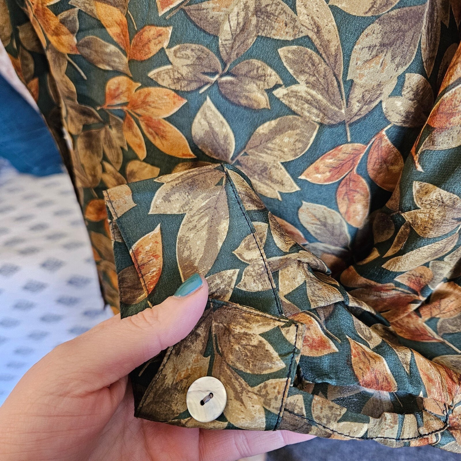 Quo 100% Silk Blazer Jacket Womens Large Boho Floral Leaf Print Lightweight