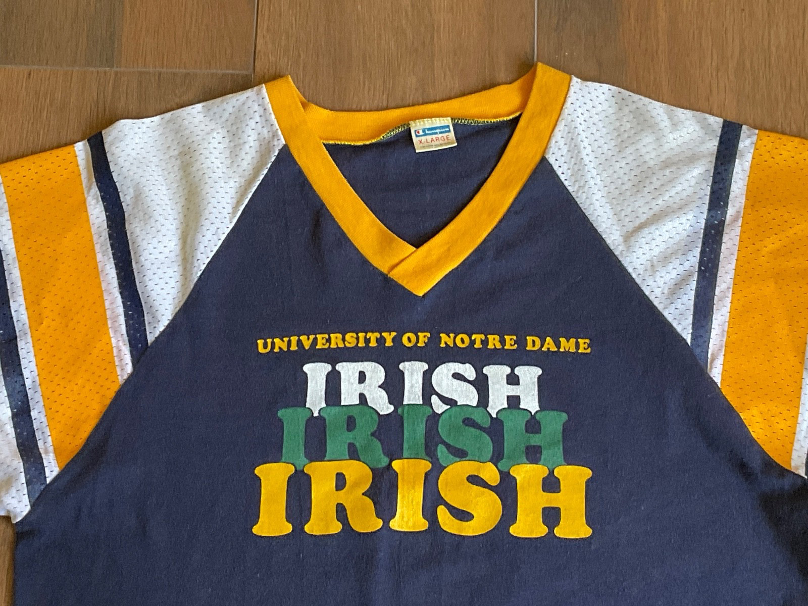 Vintage 70s Notre Dame T Shirt Fighting Irish Jersey Champion Blue Bar Size XL