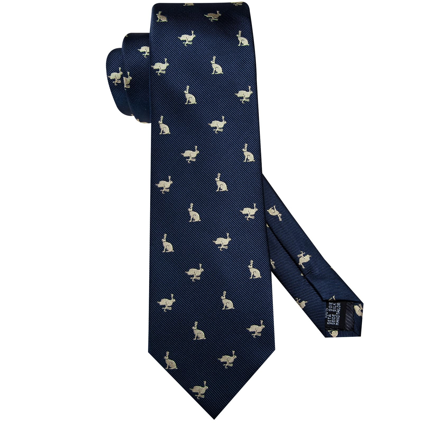 Hi-Tie Easter Rabbits Ties for Men Dark Blue Silk Jacquard Funny Necktie Pock…