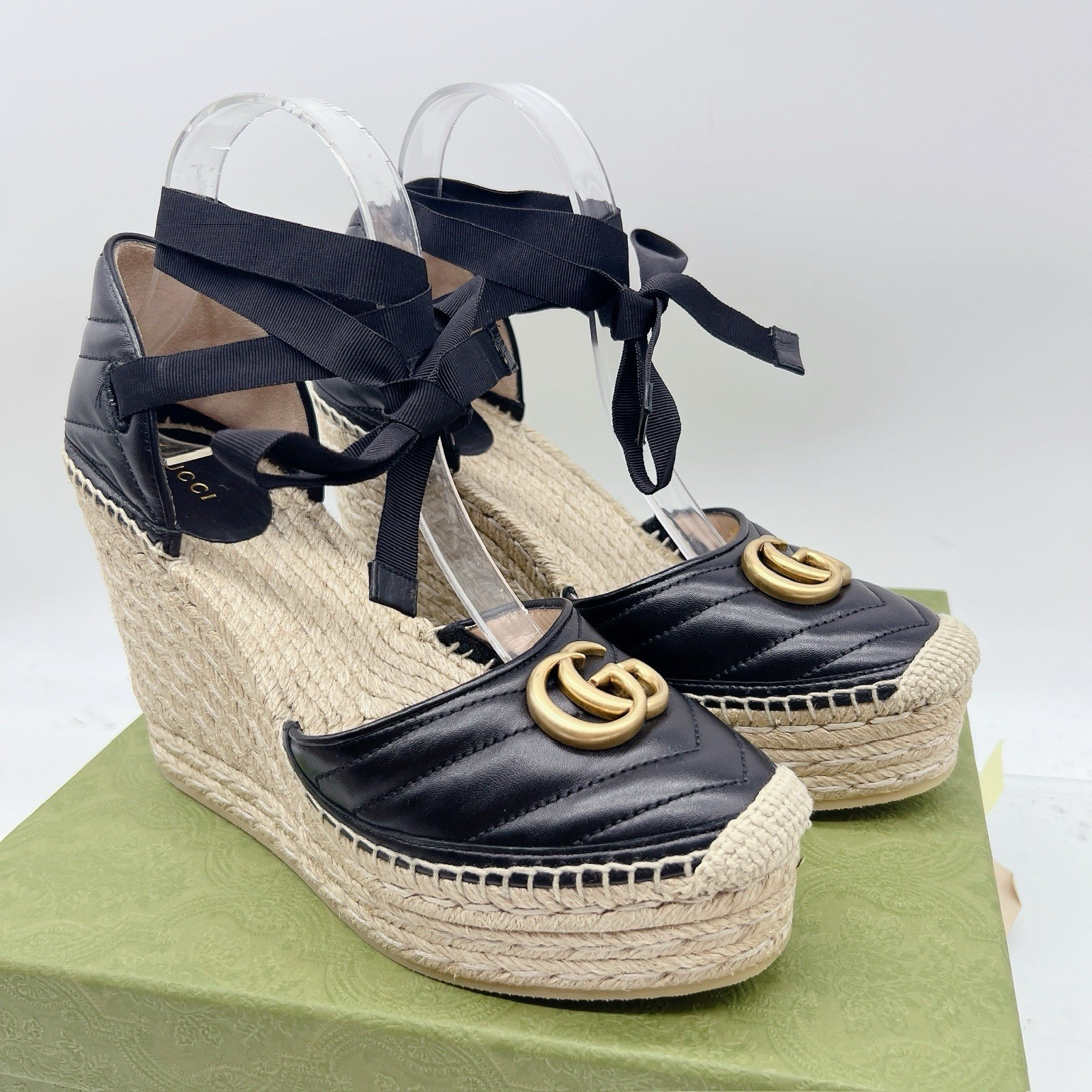 Gucci GG Marmont Platform MATELASSÉ Wedge Heels Espadrille Black Leather EU 40.5