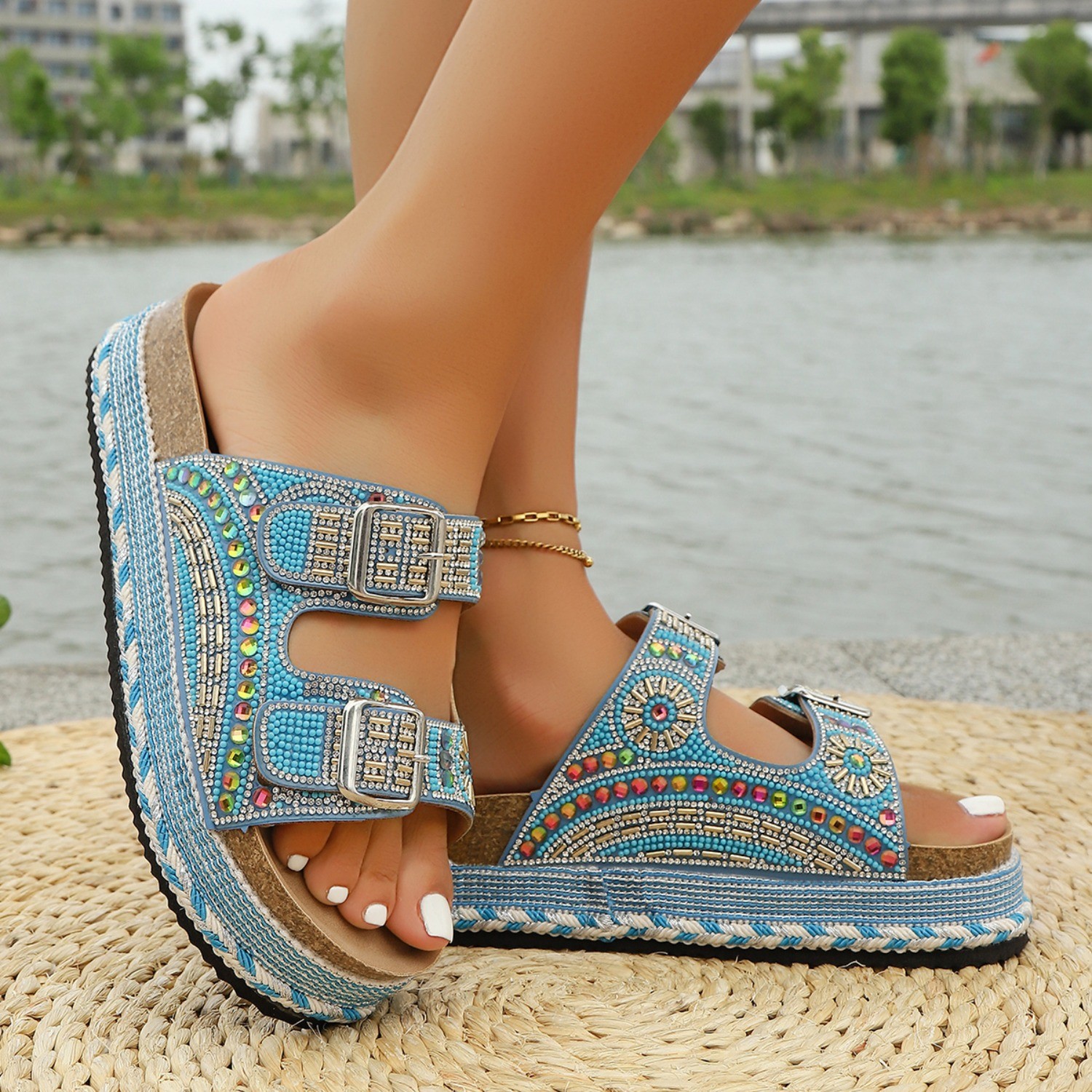 Women Arch Support Sandals, Cork Footbed Summer Beach Walking Slides