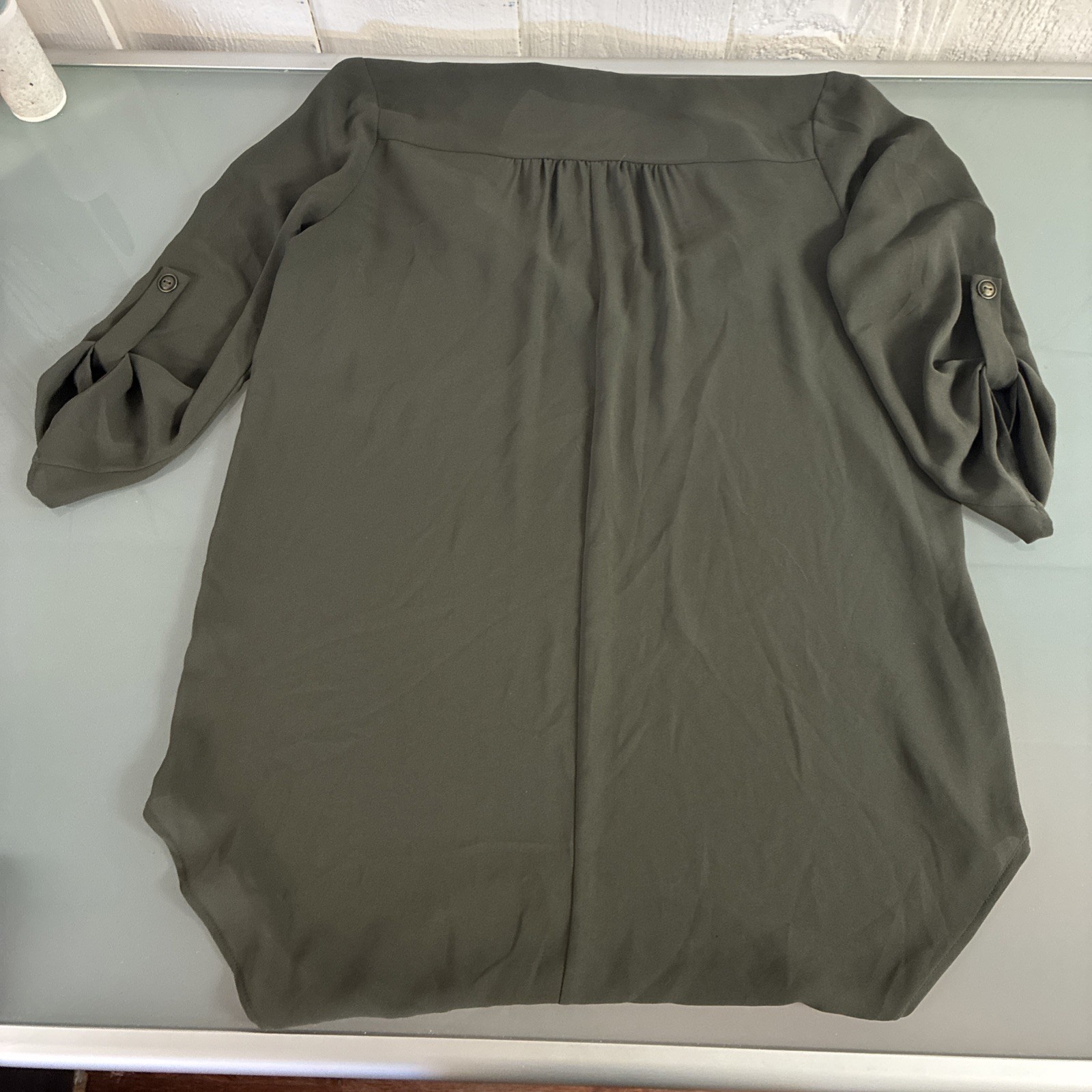 LUSH Roll Tab Sleeve Tunic Top Olive Green Size XSMALL women