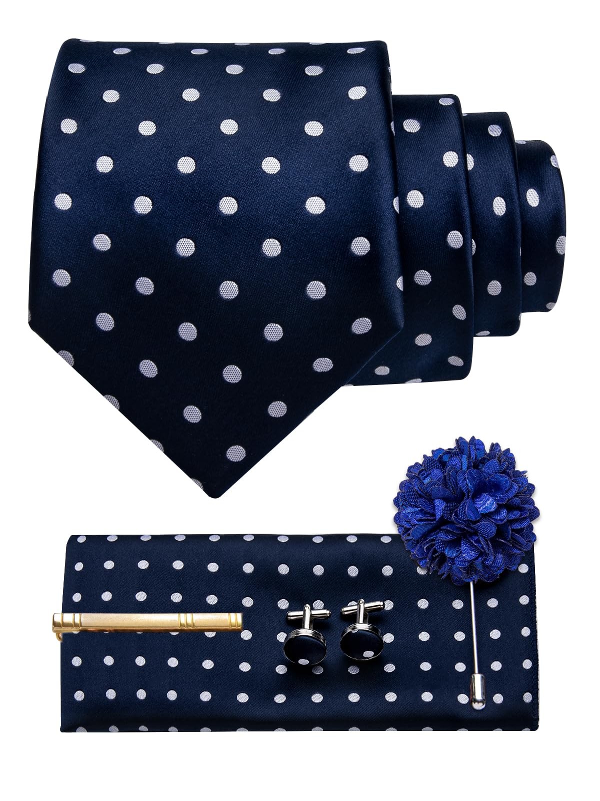 Blue Mens Tie Set Silk Polka Dot Necktie with Lapel Pin Pocket Square Cufflin…