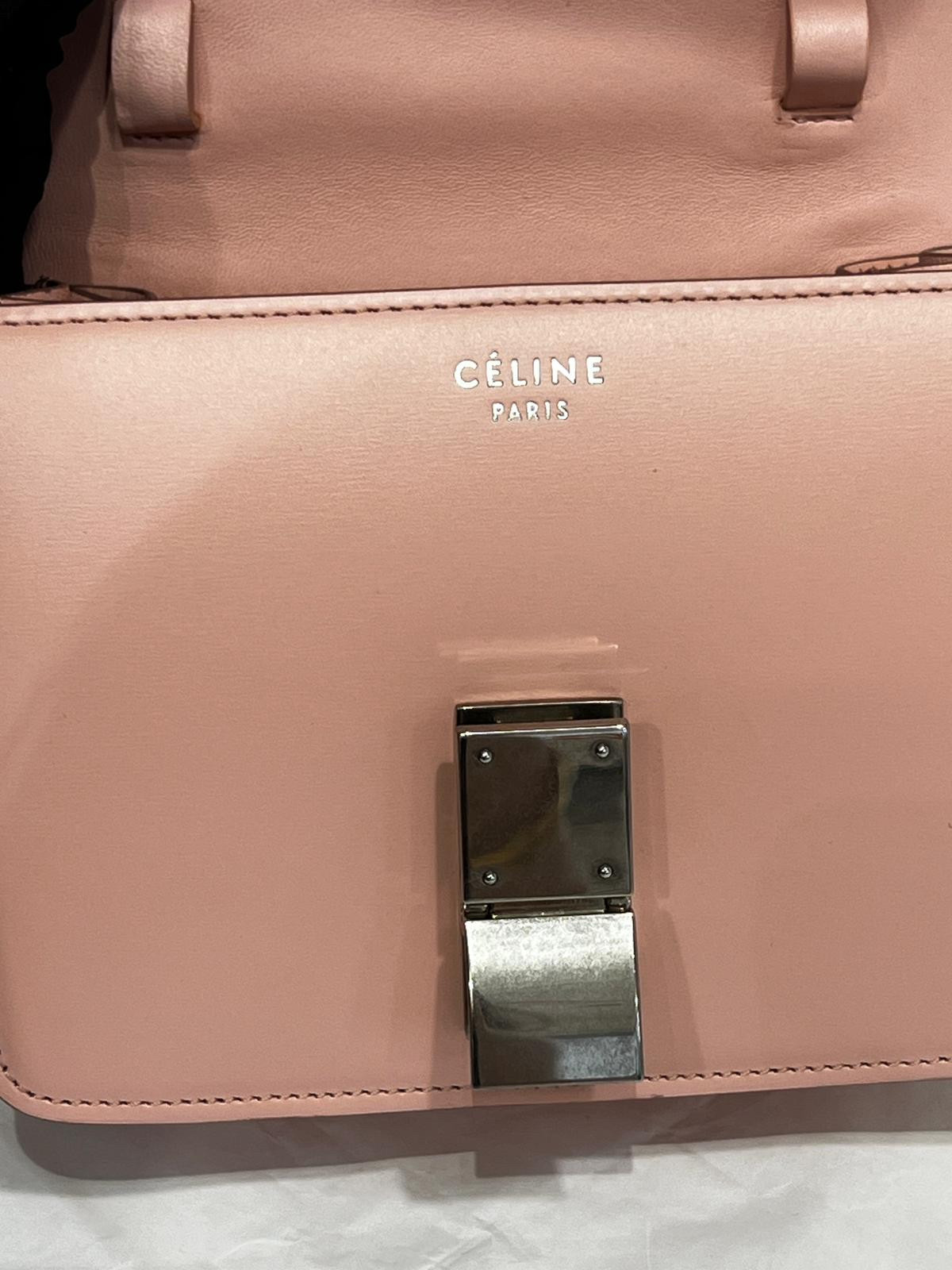 Authentic Celine Classic Box Mini Smooth Calfskin Shoulder Bag Pink Silver-Tone