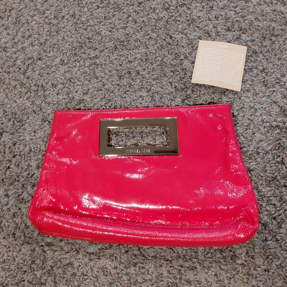 Michael Kors Pink Patent Clutch Purse Solid Rectangle Gold Logo Hardware